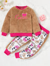 2pcs Baby's CUTE BEAR Embroidery Fuzzy Sweatshirt + Cartoon Panda Pattern Casual Pants, Toddler & Infant Girl's Clothing Set, Outdoor Cloth FD6406A