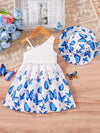 2pcs Girls' Elegant Butterfly Pattern Asymmetrical Spaghetti Strap Knit Vest Dress + Printed Hat, Suitable for Spring and Summer Vacation FD6128B