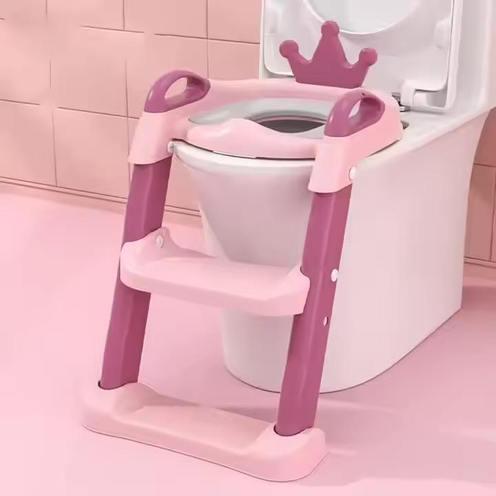 Pink Crown Design Kids Toilet Bowl Potty Ladder/ Training Seat with Adjustable Toilet Ladder BCP1042A