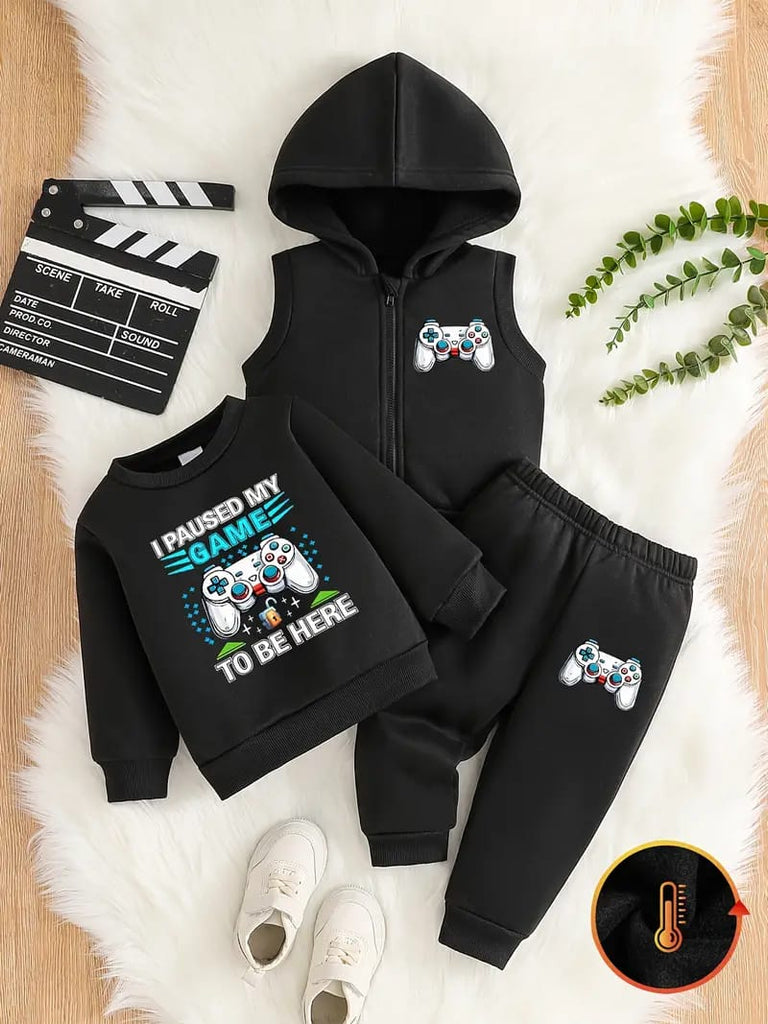 Black Boys Hoodie Set with Zipper, Casual Knit Fabric, Alphabet Pattern, Polyester 100%, Non-Stretch, Regular Fit, 3 Pcs Set TS6041