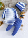 Spring/Summer Baby Lion Print Long Sleeve Onesie with Solid Pants and Striped Hat Set - Casual Knit Fabric, Polyester 95%, Spandex 5% - Round Neck BS6044C