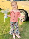 Pink 2Pcs Set for Girls in Summer with Bow Embellishment, Creative Suspender Top with Exposed Shoulders and Short Sleeves + Romantic Floral Print Bell-Bottom Pants FD6122H