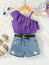 Summer baby girl cute purple Single shoulder Halter ruffled Lace Top & Chic denim shorts holiday suit, Perfect for Outdoor FD6124G