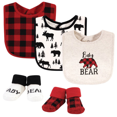 HB Cotton 5 Pices Bibs and Socks Set, Baby Bear Plaid BB2006A