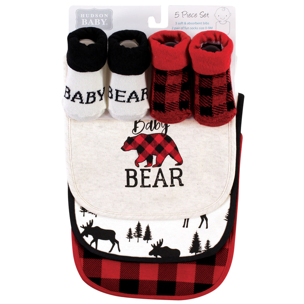 HB Cotton 5 Pices Bibs and Socks Set, Baby Bear Plaid BB2006A