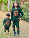 2 PC Green Baby and Children's Autumn & Winter Flees Cartoon Print Casual Sweatshirt Sweatshirt and Trouser Set TS6412C