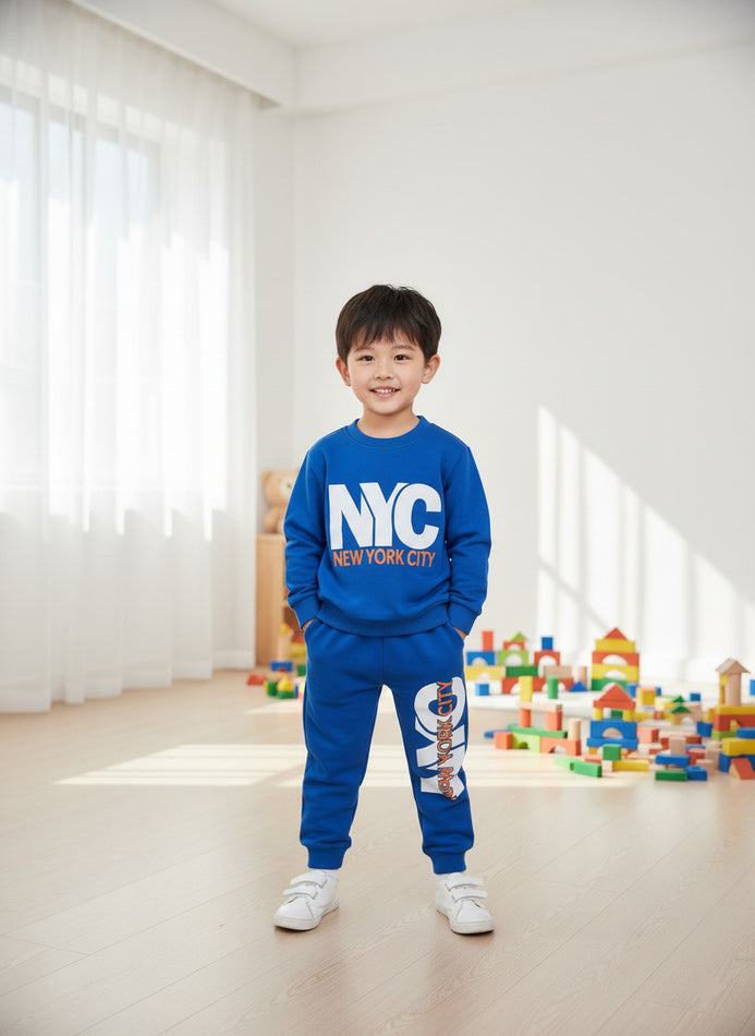 JF 2 PC Royal Blue NYC Print Autumn & Winter Terry Fabric