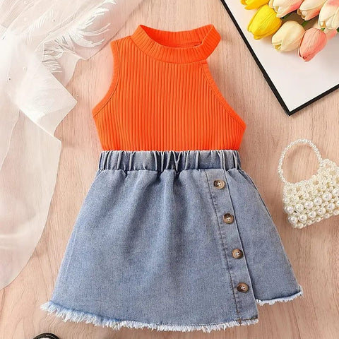 Summer Casual Skirt And Ribbed Top Set for Toddler Girls - Solid Color, Knit Fabric, Polyester 100% - Fashionable Shoulder-Baring Sleeveless Top with Vintage Button Detail And Elastic Waist Skirt, for Outdoor FD6121A