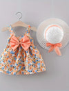 2pcs Set Summer Fashion Floral Print Sleeveless Dress and Matching Hat for Baby Girls, Cute Polyester Beach Dress with Bow Detail and Wide Hem, No Sling, Regular Fit FD6124C
