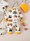 Cartoon Car Print Long Sleeve Round Neck Bodysuit and Hat 2pcs Casual Set, Perfect for Outdoor BS6138C