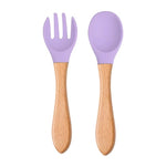 Purple Baby Spoon Fork 2 Pc Set Children's Silicone Wooden Feeding Training Set FS105B