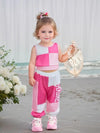 Girls' Sleeveless Vest and Pants Set - Cute Pink and White Geometric Pattern, Crew Neck, Stretchy Polyester Blend, Regular Fit, Summer Outfit for Youngsters, for Outdoor  FD6124A