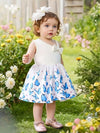 2pcs Girls' Elegant Butterfly Pattern Asymmetrical Spaghetti Strap Knit Vest Dress + Printed Hat, Suitable for Spring and Summer Vacation FD6128B