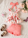 3pcs Baby Girls Cute Floral Graphic Print Bowknot Ruffle Trim Camisole Top & Shorts & Headband Set Clothes FD6091F