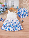2pcs Girls' Elegant Butterfly Pattern Asymmetrical Spaghetti Strap Knit Vest Dress + Printed Hat, Suitable for Spring and Summer Vacation FD6128B