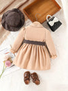 Baby Girl's Beige & Black Striped Sleeve Dress with Pockets - Cute Spring/Fall Outfit, Charming Outfit, Comfortable Wear, Stylish Outfit, Toddler Fashion FD6145E