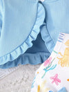 Cute Two-Piece Spring/Fall Outfit: Long Sleeve Crew Neck Top with Ruffled Edges and Floral Print Dress with Bow Set FD6111D