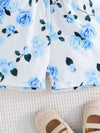 Girls' Summer Floral Print Sleeveless Bodysuit with Off-Shoulder Design and Belt, Cotton 95% Elastane 5% Knit Fabric, Casual Weekend Wear, Bermuda Hem, Regular Fit for Kids, for Outdoor FD6124I