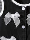 2pcs/set Youngsters' Bowknot Button Round Neck Black Sleeveless Vest and Pleated Skirt Knit Set for Commuting, School, Casual, Vacation, Sports, Party, Spring and Summer FD6121B