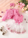 3pcs Adorable Girls' Butterfly-Themed Outfit: Long Sleeve Ruffle Crop Top, Sleeveless Tulle Dress & Bow Headband - Polyester Blend, Perfect for Casual Wear, Perfect for Outdoor FD6102C