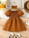 Infant Girls' Summer Fashion Elastic Waist Bubble Sleeve Princess Dress with Headband Two-Piece Set, Brown + Plaid Three Colors Available FD6128C