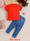 Two-Piece Set for Youngsters, Featuring a Red Love Print Pattern in a Soft And Comfortable Fabric, Short-Sleeved Imitation Faux Denim, And Long Pants with a Ripped Design, for Outdoor FD6402F