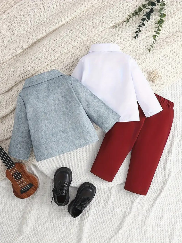 Baby Boy Three-Piece Gentleman Suit & White Bottom Shirt + Bow Tie & Light Blue Jacket & Red Trousers & Performance + Wedding Baby Boy Dress SD6106A