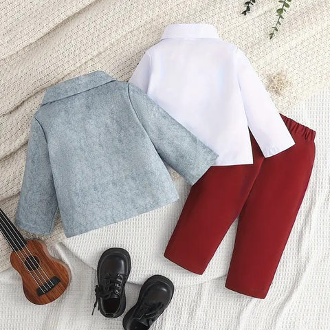 Baby Boy Three-Piece Gentleman Suit & White Bottom Shirt + Bow Tie & Light Blue Jacket & Red Trousers & Performance + Wedding Baby Boy Dress SD6106A