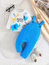 Wonderful Zoo Print Long Sleeve Top and Blue Overalls Pants Set - Casual Knit Fabric, Polyester and Spandex Blend, Animal Pattern, Regular Fit for Fall/Winter, for Outdoor DNG6095