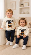 2 Pcs Blue Bear Embroidery Baby sweatshirt & Trouser Set - Soft Fleece Stuff, Machine Washable - Perfect for Winter, Perfect for Outdoor TS6419Q