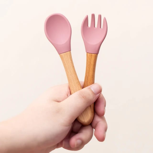 Pink Baby Spoon Fork 2 Pc Set Children's Silicone Wooden Feeding Training Set FS105D