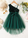 Girls' Casual Sleeveless Mesh One-Shoulder Dress for Parties and Outings, Solid Color FD6108E
