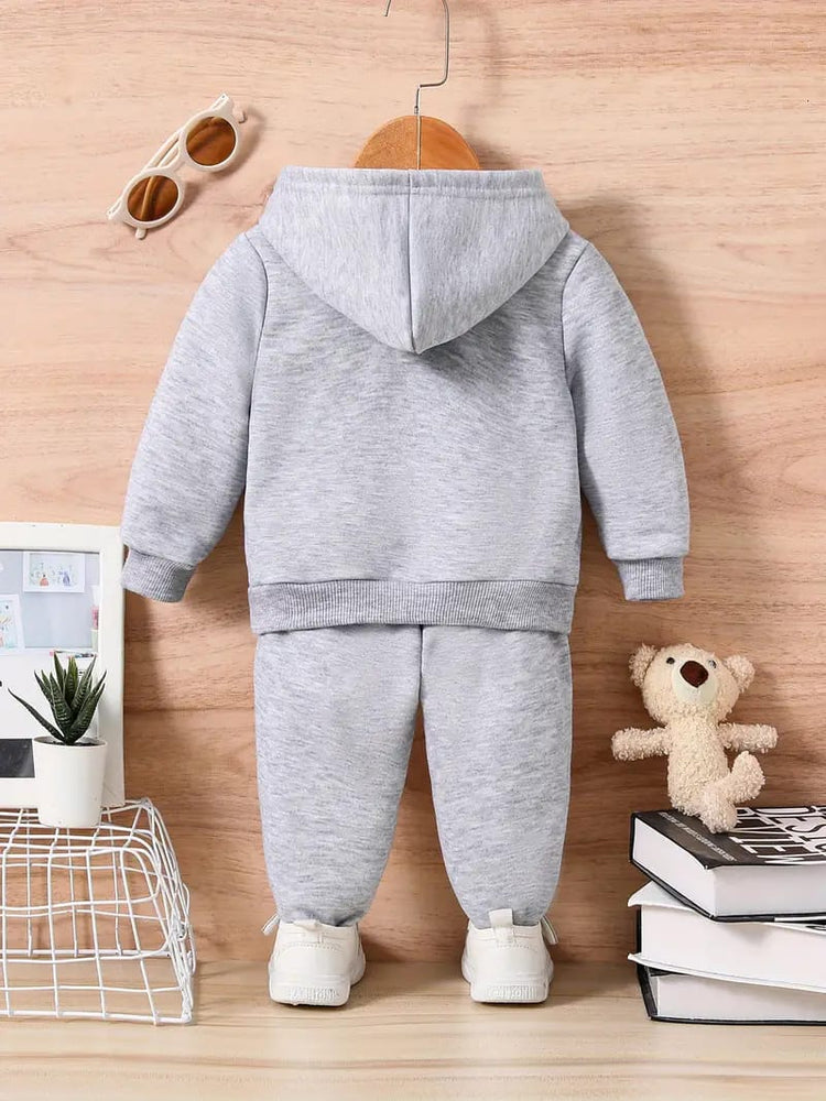 Gray Boys' Cozy Geometric Print Hoodie & Sweatpants Set - Casual Polyester Blend TS6036