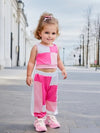 Girls' Sleeveless Vest and Pants Set - Cute Pink and White Geometric Pattern, Crew Neck, Stretchy Polyester Blend, Regular Fit, Summer Outfit for Youngsters, for Outdoor  FD6124A