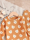 1 Set Bwindkids Baby Girl Cartoon Bear Print Knit Set, Blend with Elastane, Casual Loose Fit, 2pcs Outfit FD6127B