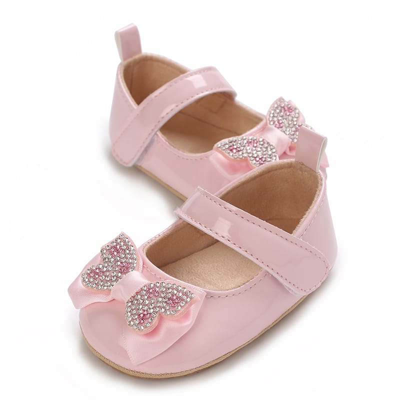 Pink Fashionable Baby Girl's Bow with Rhinestone Decor Rubber Anti-Slip Soft Sole Shoes SH7125B