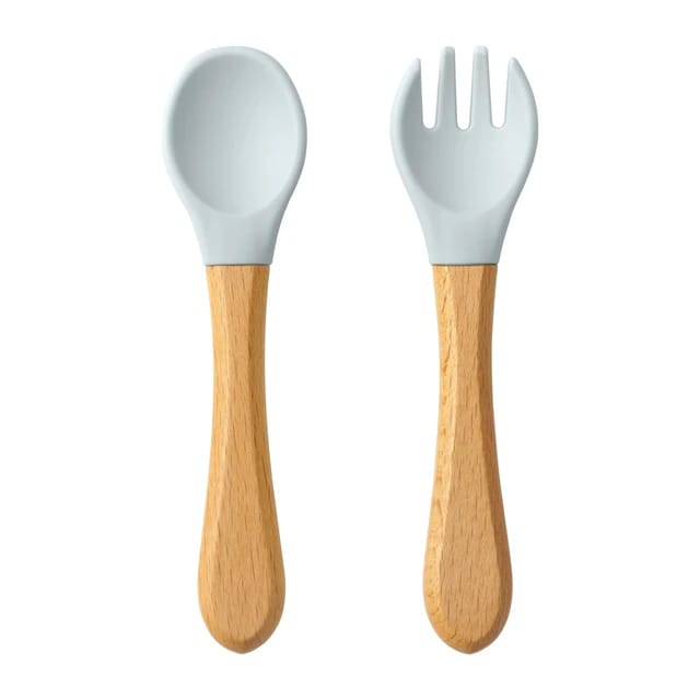 Sky Blue Baby Spoon Fork 2 Pc Set Children's Silicone Wooden Feeding Training Set FS105A