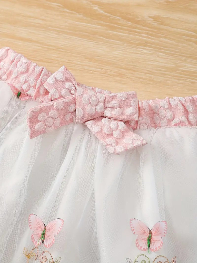 2pcs Pink Short Sleeve Round Neck Ruffle Textured Fabric + Butterfly Embroidery Mesh Skirt FD6121D