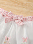 2pcs Pink Short Sleeve Round Neck Ruffle Textured Fabric + Butterfly Embroidery Mesh Skirt FD6121D