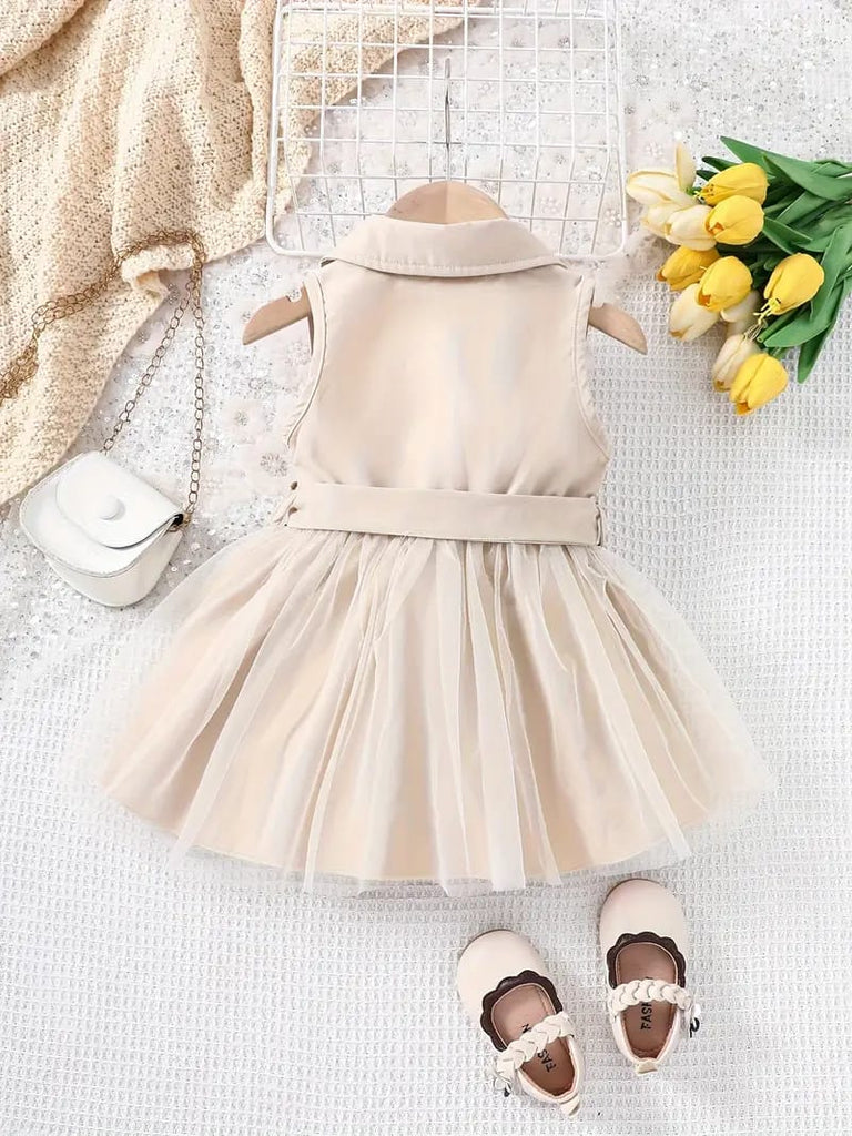 Baby Girls Fashion Casual Mesh Lapel Neck Sleeveless Mesh Dress FD6107H
