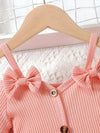 Pink 2Pcs Set for Girls in Summer with Bow Embellishment, Creative Suspender Top with Exposed Shoulders and Short Sleeves + Romantic Floral Print Bell-Bottom Pants FD6122H