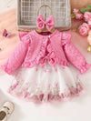 3pcs Adorable Girls' Butterfly-Themed Outfit: Long Sleeve Ruffle Crop Top, Sleeveless Tulle Dress & Bow Headband - Polyester Blend, Perfect for Casual Wear, Perfect for Outdoor FD6102C