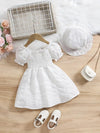 Girls' White New Summer Bubble Sleeve Plain Color Dress with Cute Hat Two-piece Set Princess Dress FD6111F