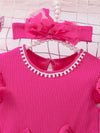 Summer Girls' Casual Dress with Ribbed Mesh Splicing, Comes with a Hair Accessory FD6110J