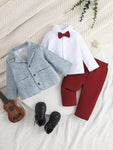 Baby Boy Three-Piece Gentleman Suit & White Bottom Shirt + Bow Tie & Light Blue Jacket & Red Trousers & Performance + Wedding Baby Boy Dress SD6106A