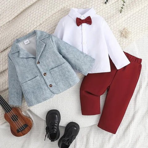 Baby Boy Three-Piece Gentleman Suit & White Bottom Shirt + Bow Tie & Light Blue Jacket & Red Trousers & Performance + Wedding Baby Boy Dress SD6106A