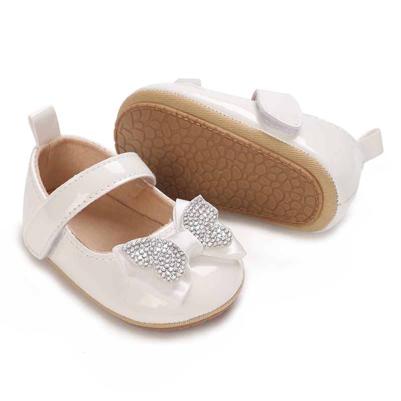 White Fashionable Baby Girl's Bow with Rhinestone Decor Rubber Anti-Slip Soft Sole Shoes SH7125C