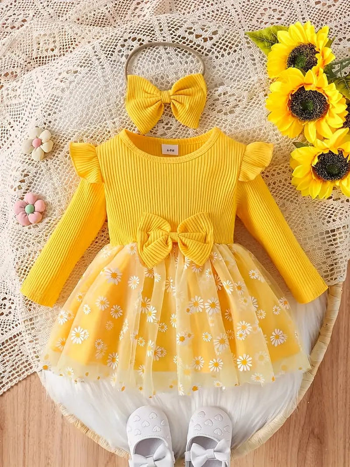 Toddler Girls' Ribbed Long Sleeve Dress with Bowknot and Floral Print Tulle  Skirt, Spring/Autumn Knit Fabric, Regular Fit, Cute Style FD6104E