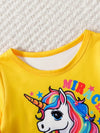 2pcs Unicorn Print Kids' Casual Outfit - Short Sleeve T-Shirt & Pants Set with Rainbow Manes, Stars & Hearts Design for Spring/Summer, Casual Wear|Playful Print|Stretchy Fabric, for Outdoor FD6125A
