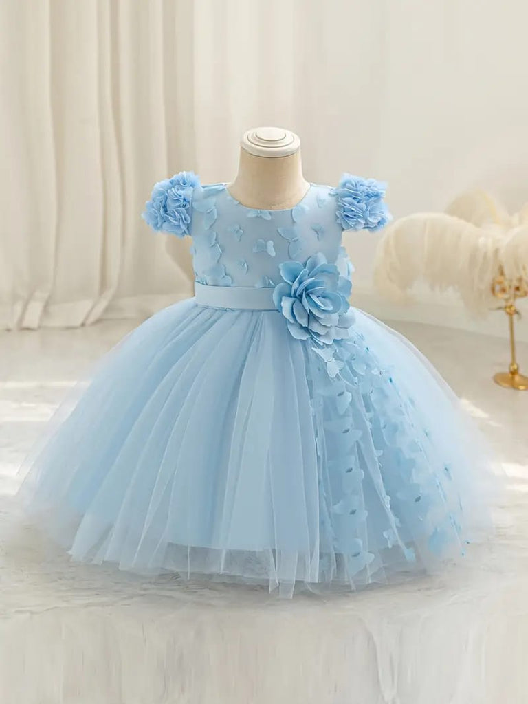 Baby's Elegant Flower Decor Butterfly Applique Mesh Gown Dress, Infant & Toddler Girl's Dress For Formal Occasion FD6103G